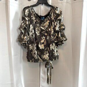 CeCe Women Top Large Metallic Gold Floral Off Shoulder Tie Fairygrunge Y2K 18481